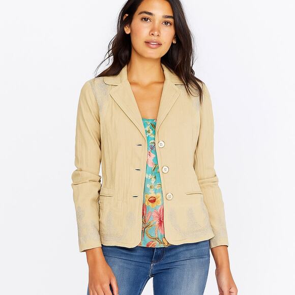 Johnny Was Jackets & Blazers - JOHNNY WAS Beige Blazer Jacket Khaki Embroidered Women's size Small